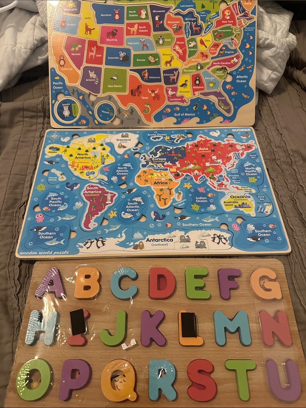 Wooden Alphabet Puzzle Set, Colorful World Map -and US map